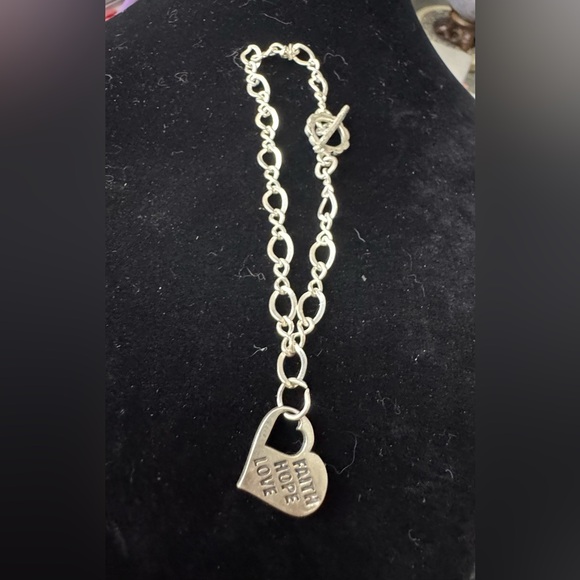 Sterling silver Faith Hope and love heart charm Toggle bracelet Sz  7.25 ~ 9.47g - Picture 1 of 6